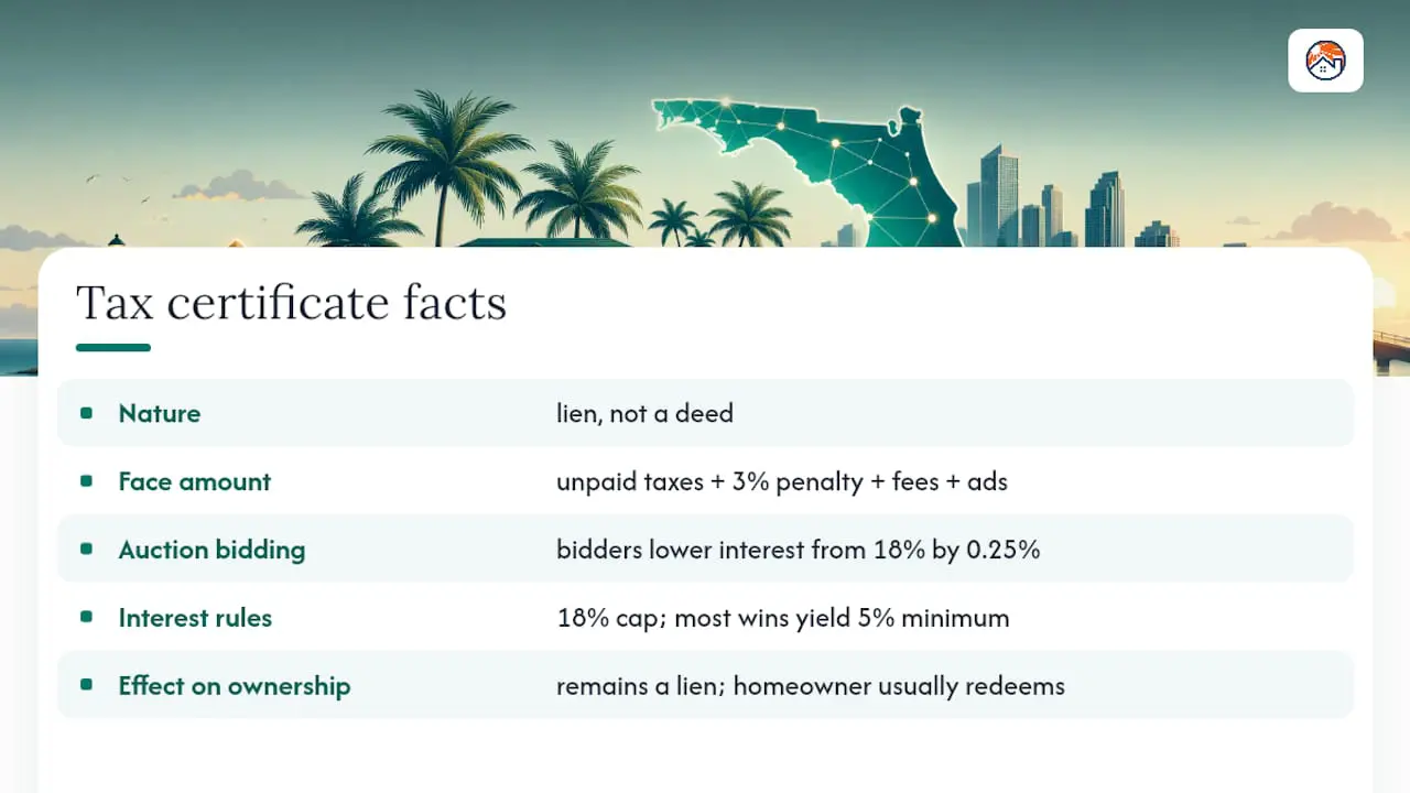 Illustration of a tax certificate facts table: the certificate is a lien rather than a deed, its face amount covers unpaid taxes plus a 3% penalty, fees and advertising, bidders lower the interest rate from 18% in 0.25% steps, and ownership is unaffected because most homeowners redeem