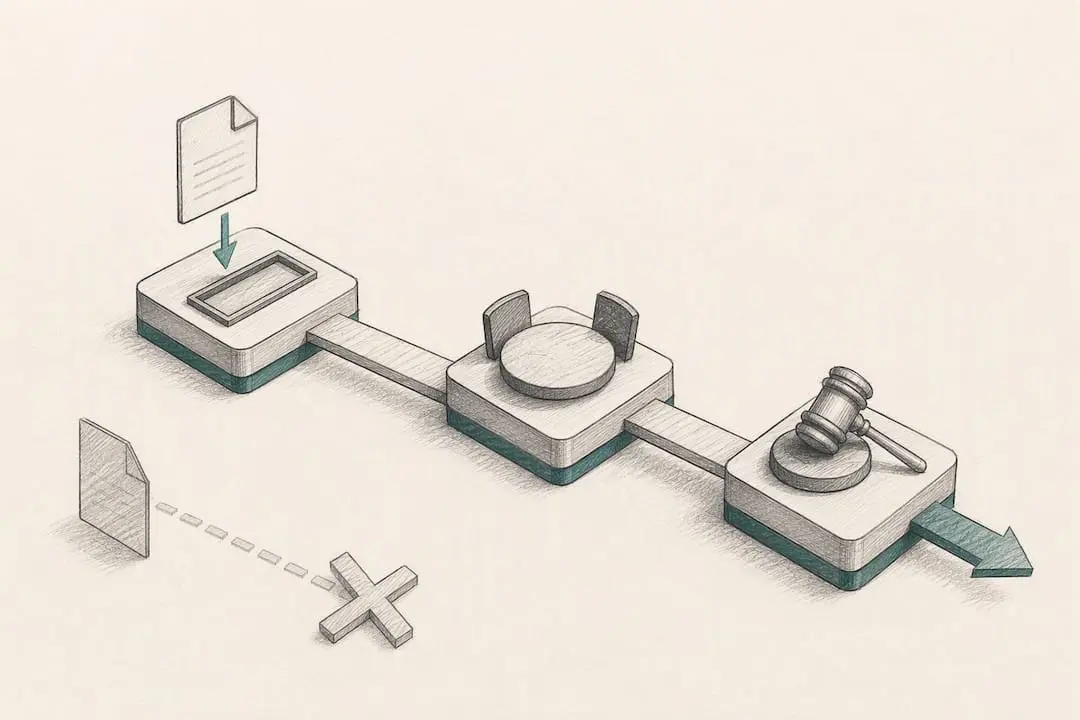Isometric sketch of a foreclosure response pathway: a filed document moves along a track from an intake tray to a round mediation table to a judge's gavel and out the far side, while a second document branches off on a dashed line to a large X