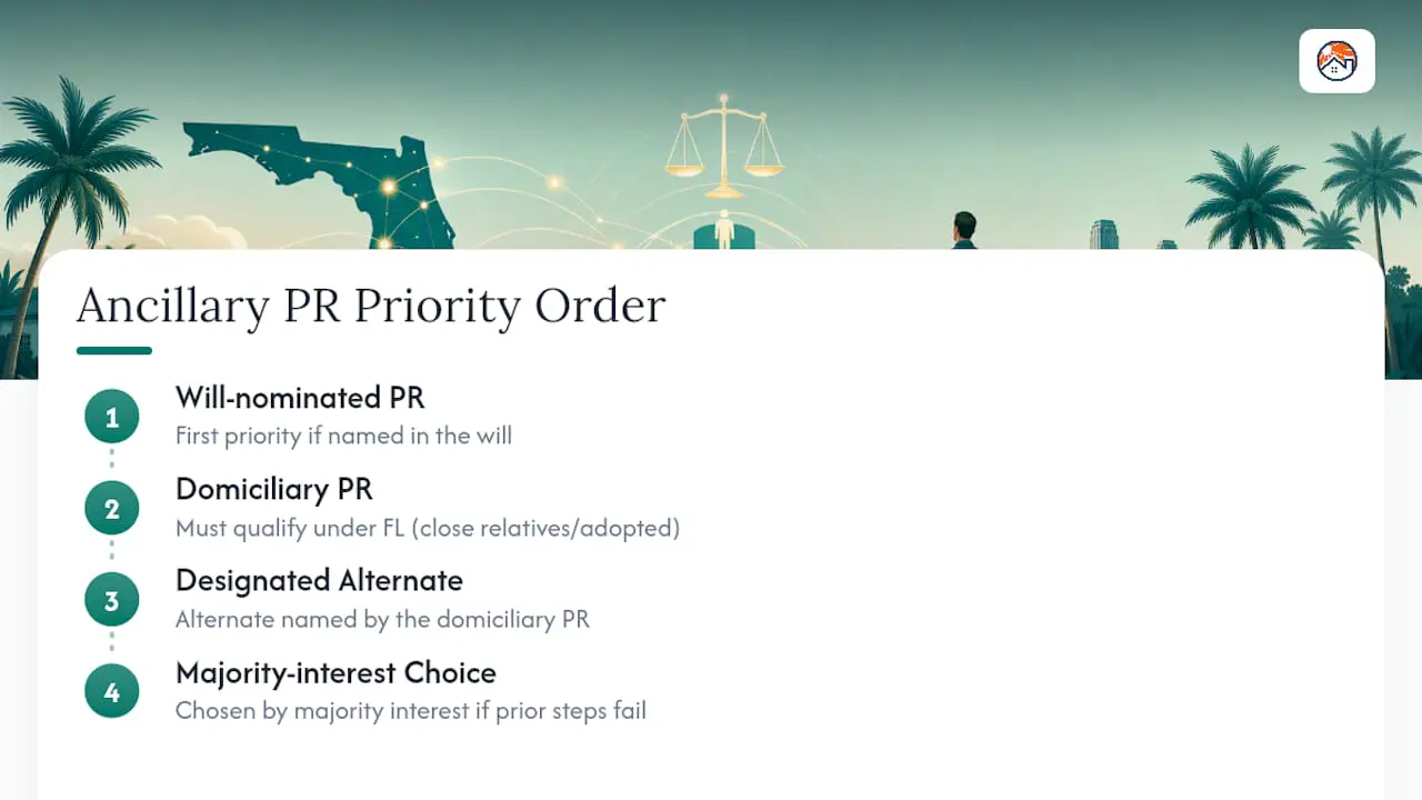 Illustration of Florida's ancillary personal representative priority order: first the representative named in the will, then the domiciliary representative if they qualify under Florida law, then an alternate that representative designates, and finally a choice by majority interest in the estate