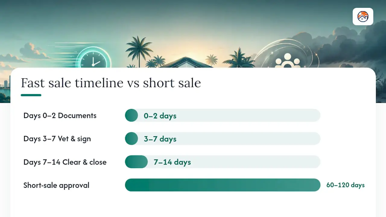 Bar chart titled Fast sale timeline vs short sale: gathering documents 0 to 2 days, vetting buyers and signing 3 to 7 days, clearing title and closing 7 to 14 days, and short-sale approval 60 to 120 days