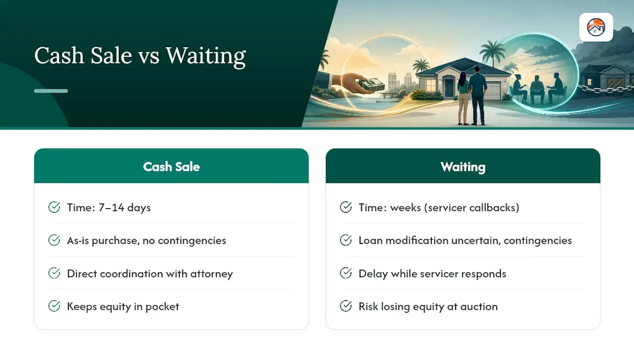 Side-by-side comparison graphic, Cash Sale versus Waiting: a cash sale closes in 7 to 14 days as-is with no contingencies and direct coordination with your attorney, while waiting on a servicer means weeks of callbacks, an uncertain loan modification and the risk of losing equity at auction