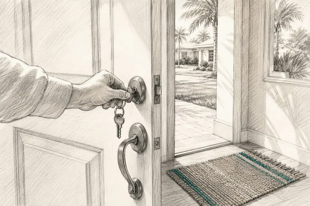 Illustration of a hand turning a key in a front-door deadbolt, with a paved walkway, lawn and palm trees visible through the open doorway