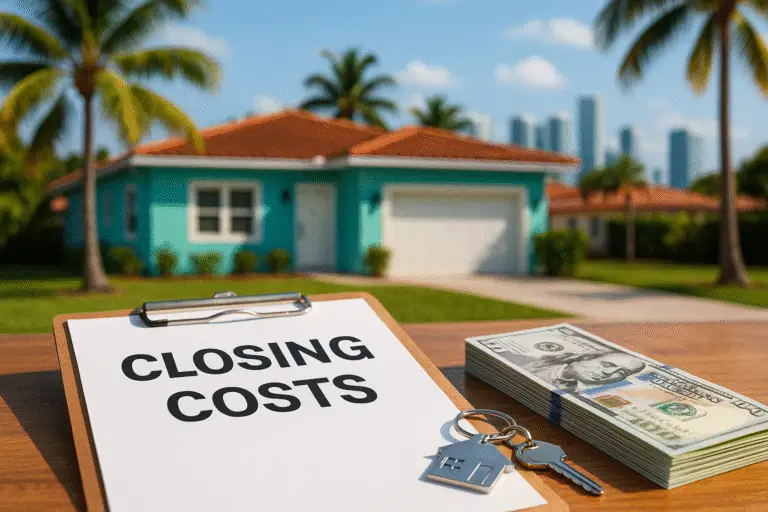 Sunny Miami home with a ‘Closing Costs’ document, house keys, and cash stack on a wooden table—symbolizing home sale expenses in Florida