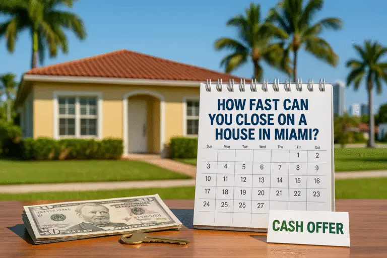 Calendar and cash offer sign in front of a Miami-style home with palm trees, representing a fast house closing timeline