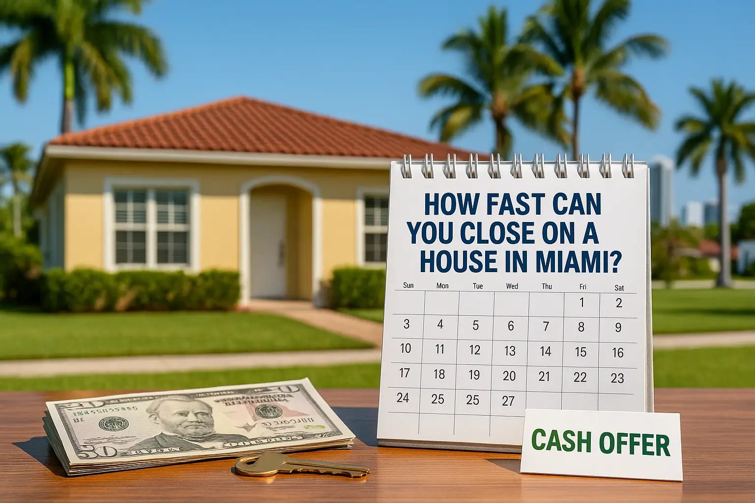 Calendar and cash offer sign in front of a Miami-style home with palm trees, representing a fast house closing timeline