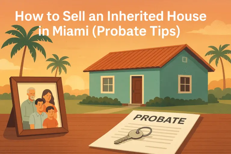 Illustration of a Miami-style home at sunset with a probate document, house keys, and a framed family photo in the foreground, symbolizing an inherited property.