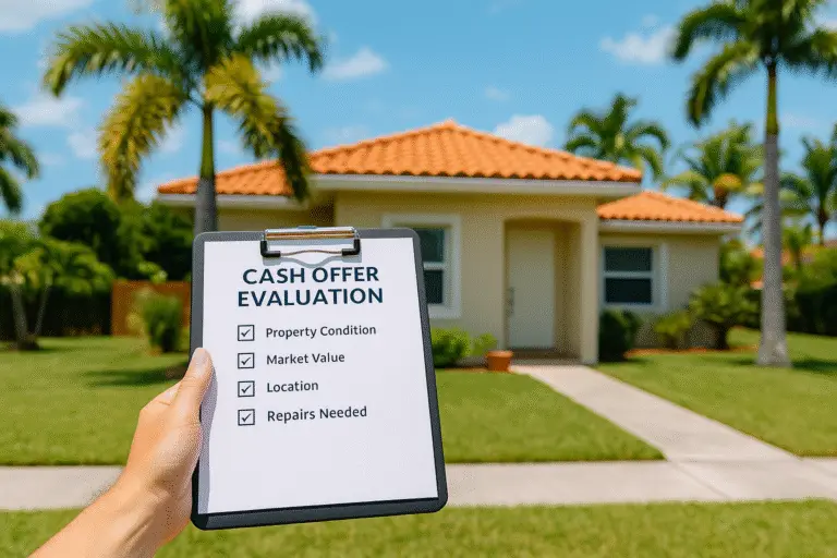 Miami cash home buyer evaluating a house with a checklist labeled “Cash Offer Evaluation.”