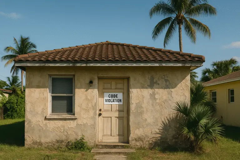 A slightly run-down Florida-style stucco house in Miami with a “code violation” notice on the door, surrounded by palm trees and warm sunlight.