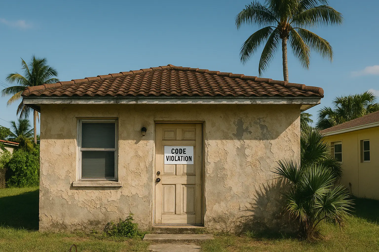 A slightly run-down Florida-style stucco house in Miami with a “code violation” notice on the door, surrounded by palm trees and warm sunlight.