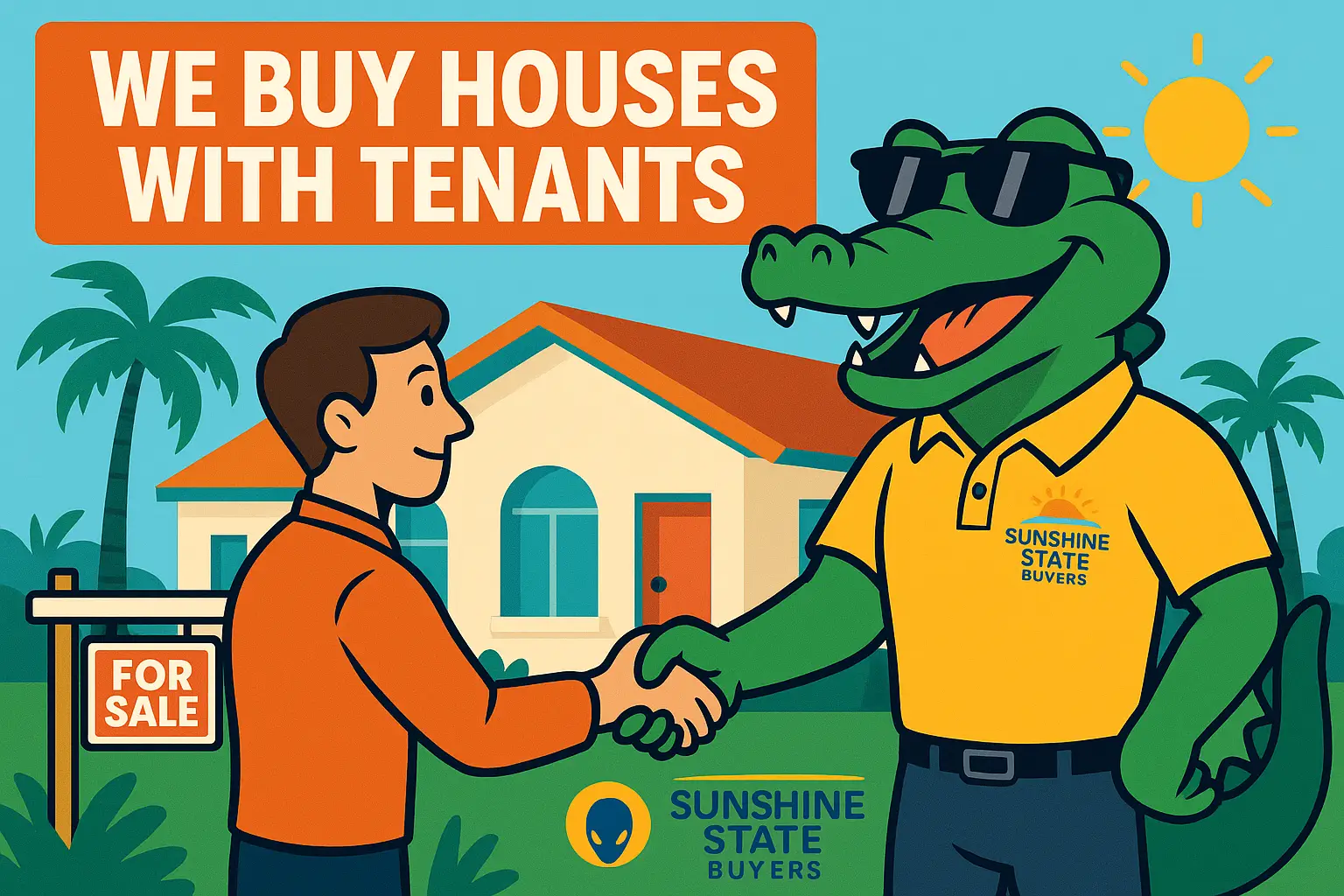 Sunny the Gator mascot from Sunshine State Buyers shaking hands with a tenant in front of a Miami-style home with palm trees and a “For Sale” sign, promoting selling houses with tenants in Miami.
