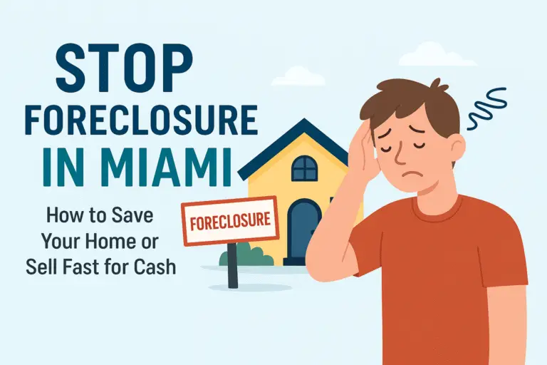 Illustration of a worried Miami homeowner in front of a house with a foreclosure sign, representing Sunshine State Buyers helping people stop foreclosure and sell homes fast for cash.