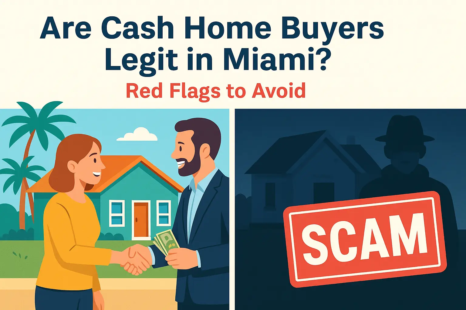 Split-screen illustration showing a legitimate Miami home buyer shaking hands with a happy homeowner on one side, and a dark shady figure with a red SCAM warning on the other, representing how to identify legit cash home buyers in Miami.