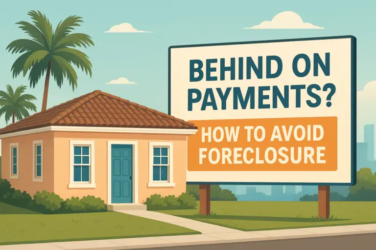 Illustration of a Miami-style home with palm trees and a sign reading ‘Behind on Payments? How to Avoid Foreclosure,’ representing mortgage help for Miami homeowners.