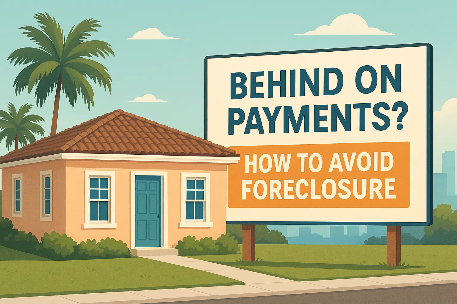 Illustration of a Miami-style home with palm trees and a sign reading ‘Behind on Payments? How to Avoid Foreclosure,’ representing mortgage help for Miami homeowners.