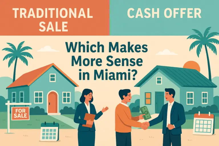 Split-screen illustration comparing cash offer vs traditional home sale in Miami. Left side shows a realtor with paperwork and a For Sale sign, right side shows a seller shaking hands with a cash buyer in front of a Miami-style home with palm trees.