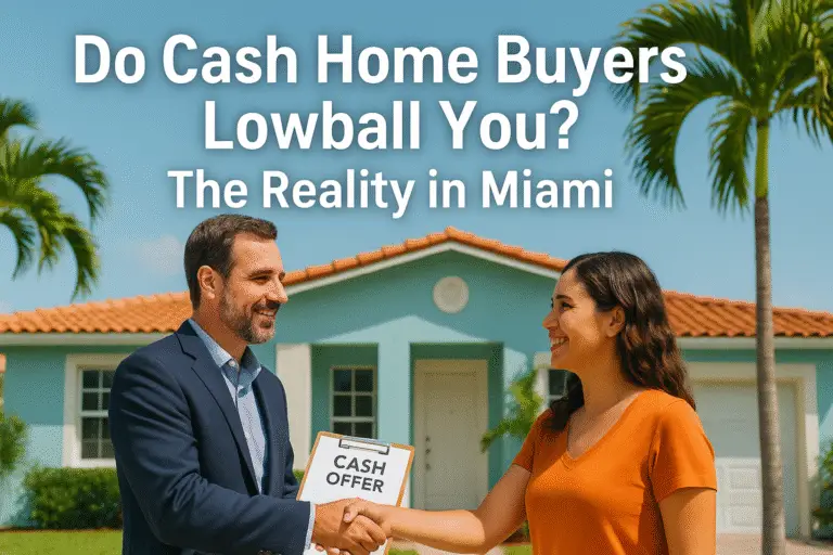 Smiling Miami homeowner shaking hands with a real estate investor in front of a pastel blue home holding a clipboard labeled “Cash Offer” — text overlay reads “Do Cash Home Buyers Lowball You? The Reality in Miami.