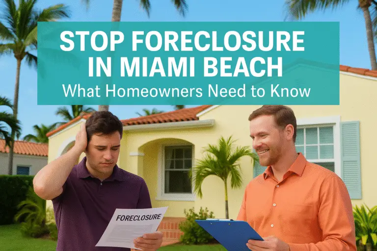 A Miami Beach homeowner looks concerned while reviewing a foreclosure notice as a real estate expert offers guidance outside a pastel-colored Florida home with palm trees. Text overlay reads “Stop Foreclosure in Miami Beach – What Homeowners Need to Know.
